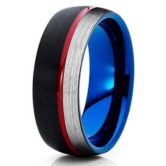 Silly Kings Jewelry Blue Tungsten Wedding Band - Red Wedding Band - Black Tungsten - Brush (10.5)