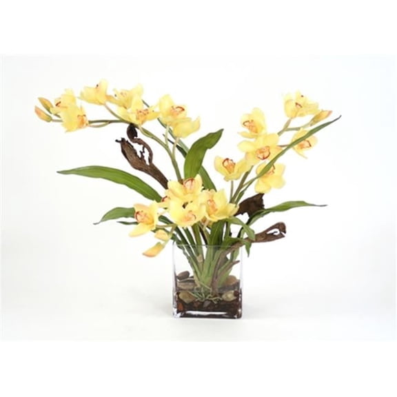 Distinctive Designs International   Waterlook Silk Yellow Orchid Plant With Blades And Natrag In A Rectangular Clear Vase