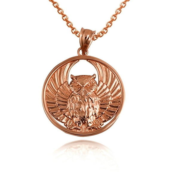 Gold Lucky and Wise Owl Charm Pendant Necklace (Available in Yellow / Rose / White Gold) (10K,Rose Gold,Pendant with 16" chain)