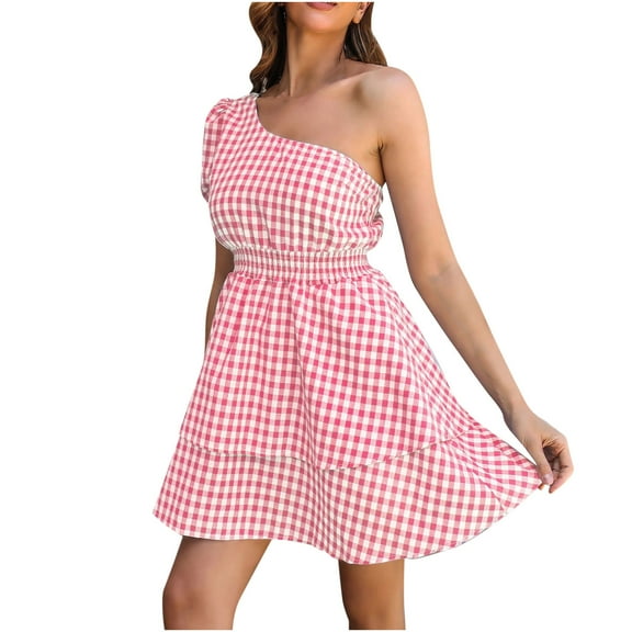 Women's Summer One Shoulder Plaid Mini Dress Short Sleeve Tiered A Line Swing Boho Beach Sundress Short Party Dress