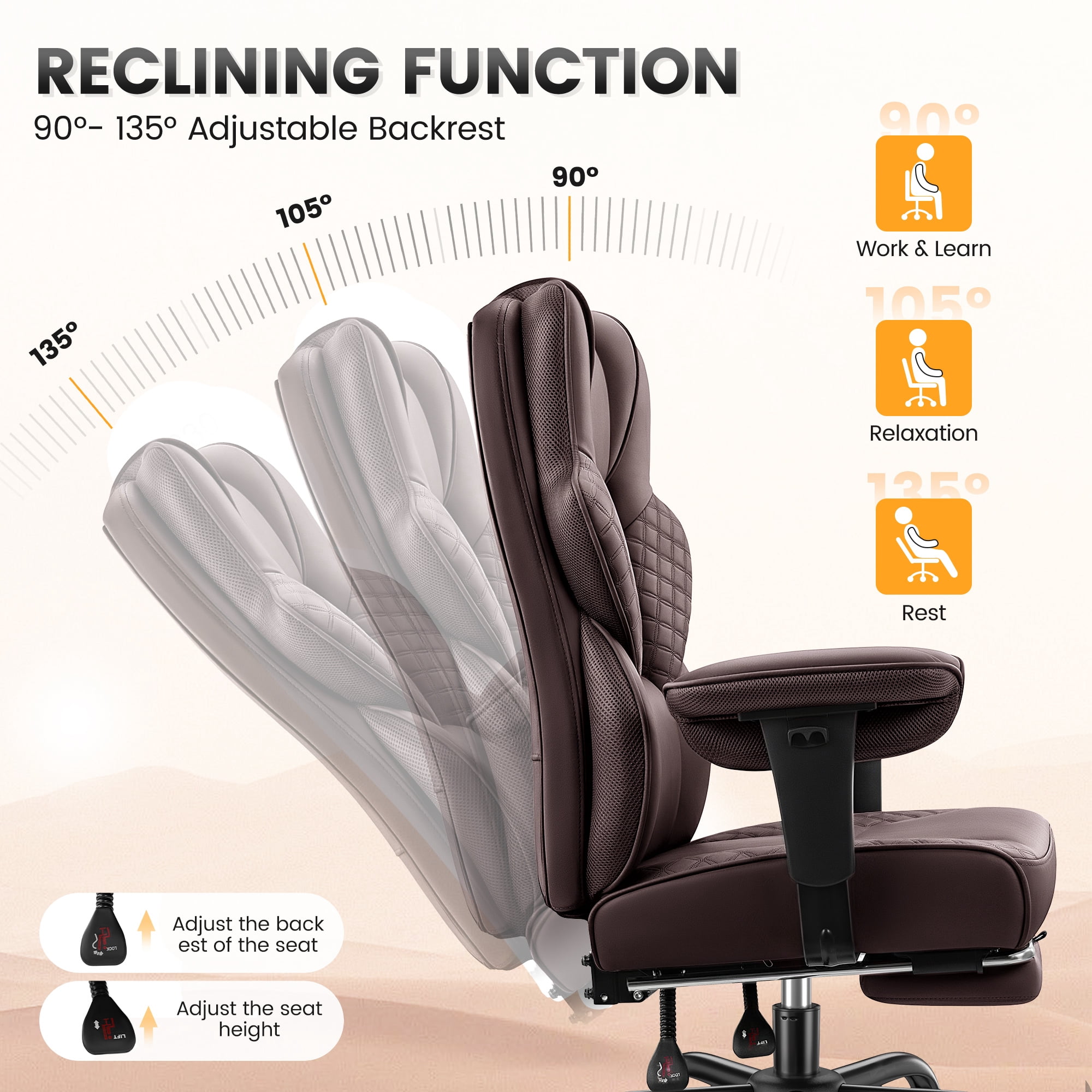 COOLHUT Big and Tall Office Chair 500lbs, Heavy Duty Ergonomic Office Desk Chair with Deluxe Embossing PU Leather with Footrest, Executive Gaming Chair with Lumbar Support, Coffee