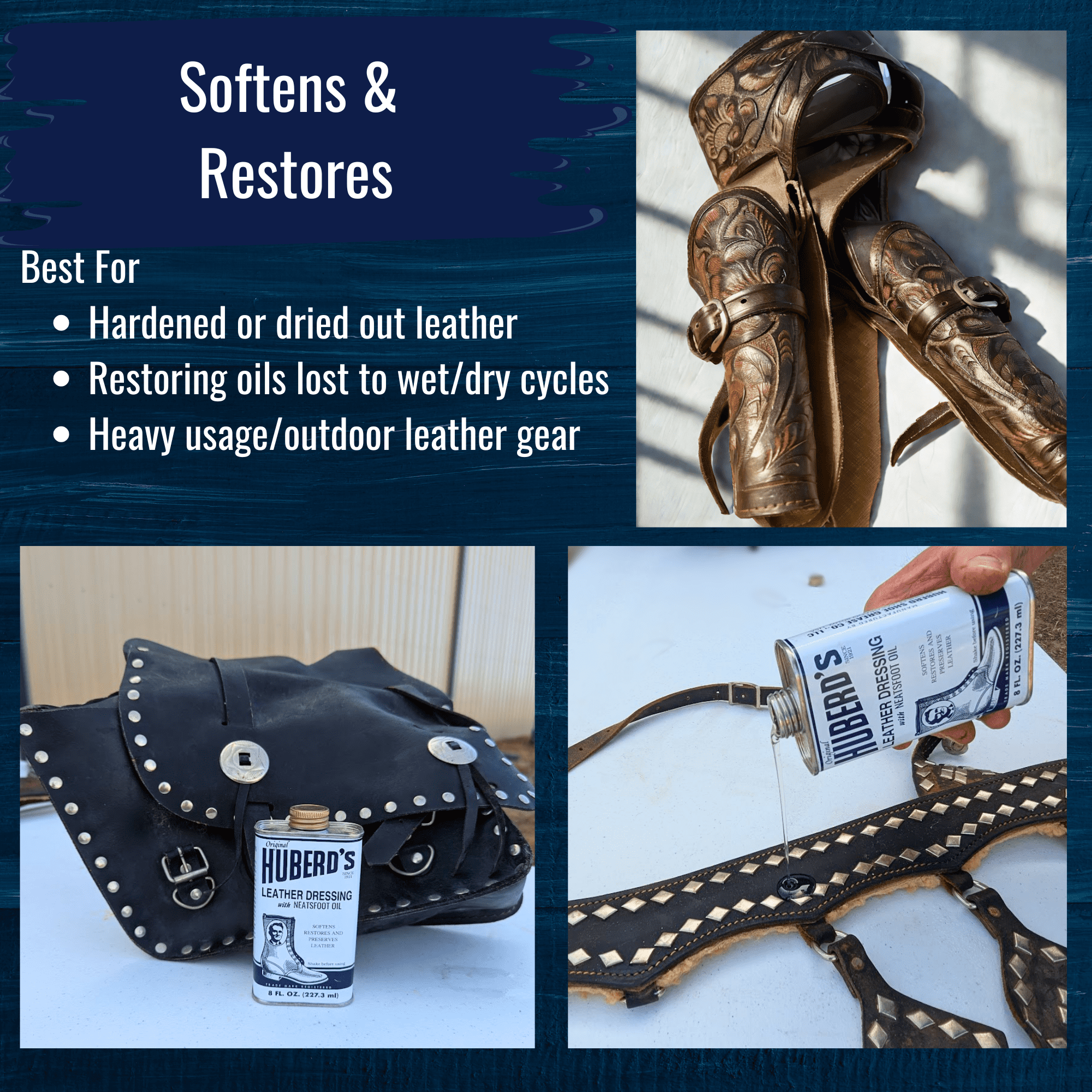 Huberd’s Leather Dressing with Neatsfoot Oil - Leather Conditioner since 1921. Softens new leather, restores dry and hardened leather boots, shoes, bags, belts, baseball gloves, saddles and tack.