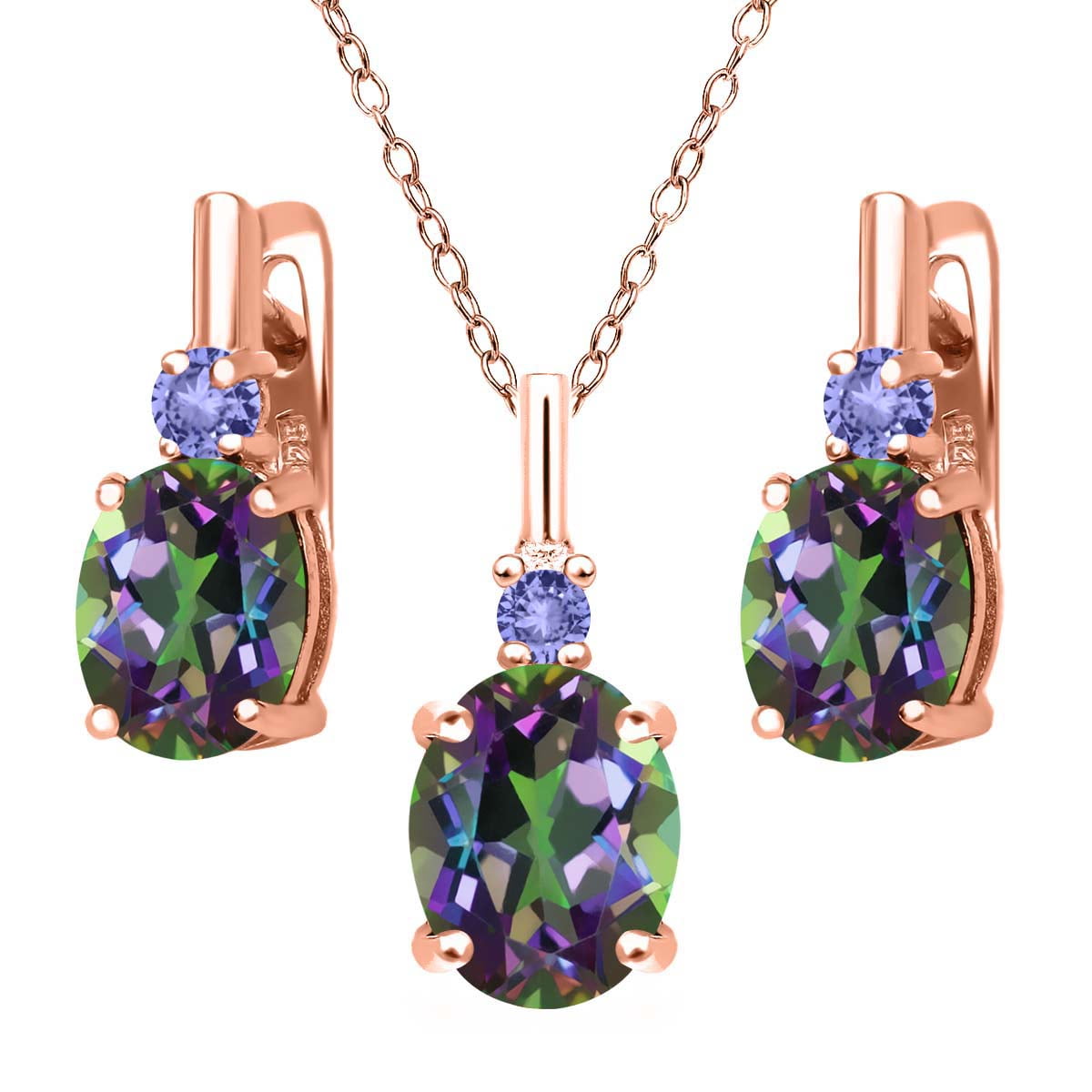 6.98 Ct Green Mystic Topaz Blue Tanzanite 18K Rose Gold Plated Silver Pendant Earrings Set by