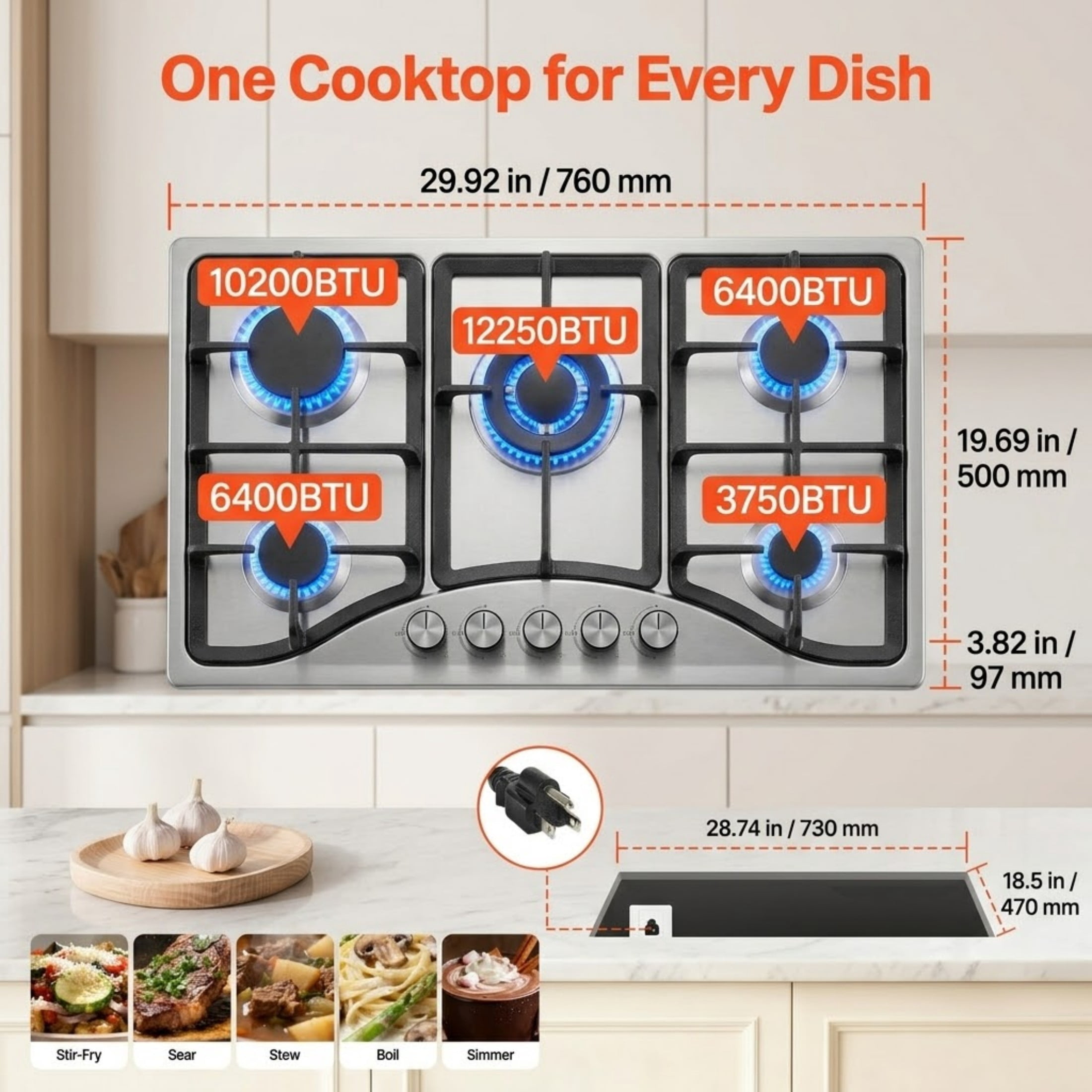 30-inch Gas Cooktop, 5 Burners Stainless Steel Built-in Gas Stove Top, 12250BTU NG/LPG Convertible