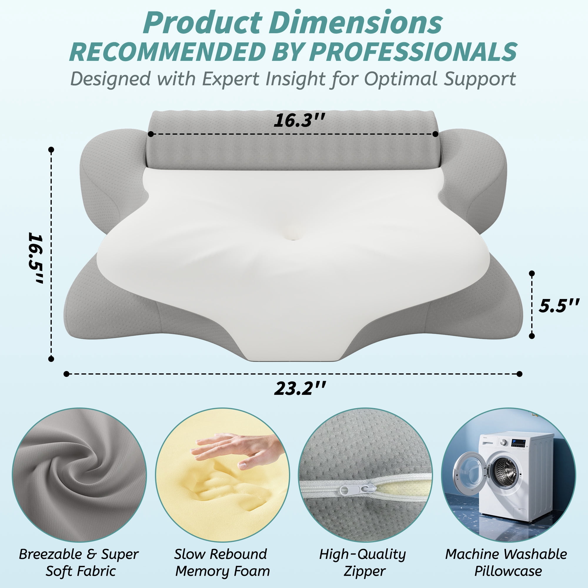 NEYGLIM 2 Pack Memory Foam Sleep Pillows for Pain Relief, Detachable Roll Cooling