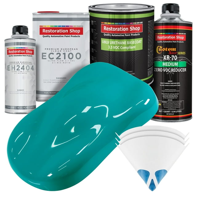 Restoration Shop - Bright Racing Aqua - Low V.O.C. Urethane Basecoat with European Clearcoat Auto Paint - Complete Quart Paint Color Kit - Automotive Coating