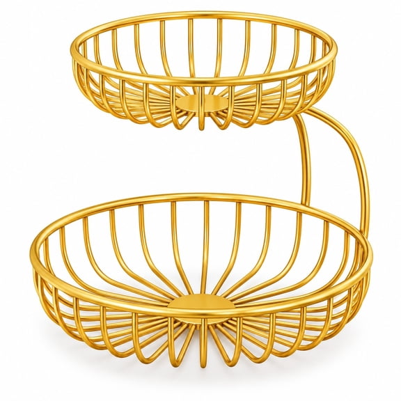 2-Tier Fruit Basket, Gold Metal Wire Countertop Organizer, Large Fruit and Snack Storage Basket for Kitchen, Dining Table and Countertop
