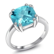 Gem Stone King 4.05 Ct Cushion Checkerboard Swiss Blue Topaz 925 Sterling Silver Double Prong Ring