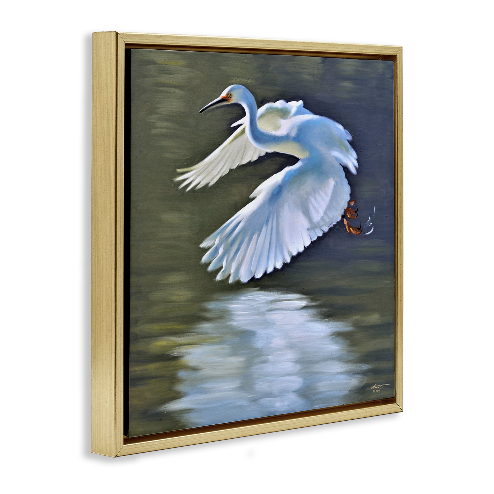Stupell Industries Egret Flying Lake Surface Animals & Insects Painting Gold Floater Framed Canvas Art Print Wall Art, 18 x 18