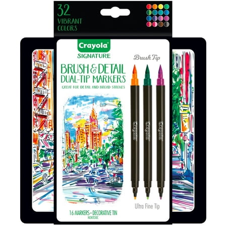 Crayola Signature Brush & Detail Dual-Tip Markers, 16 Ct, Art Supplies for Teens, Adult Coloring