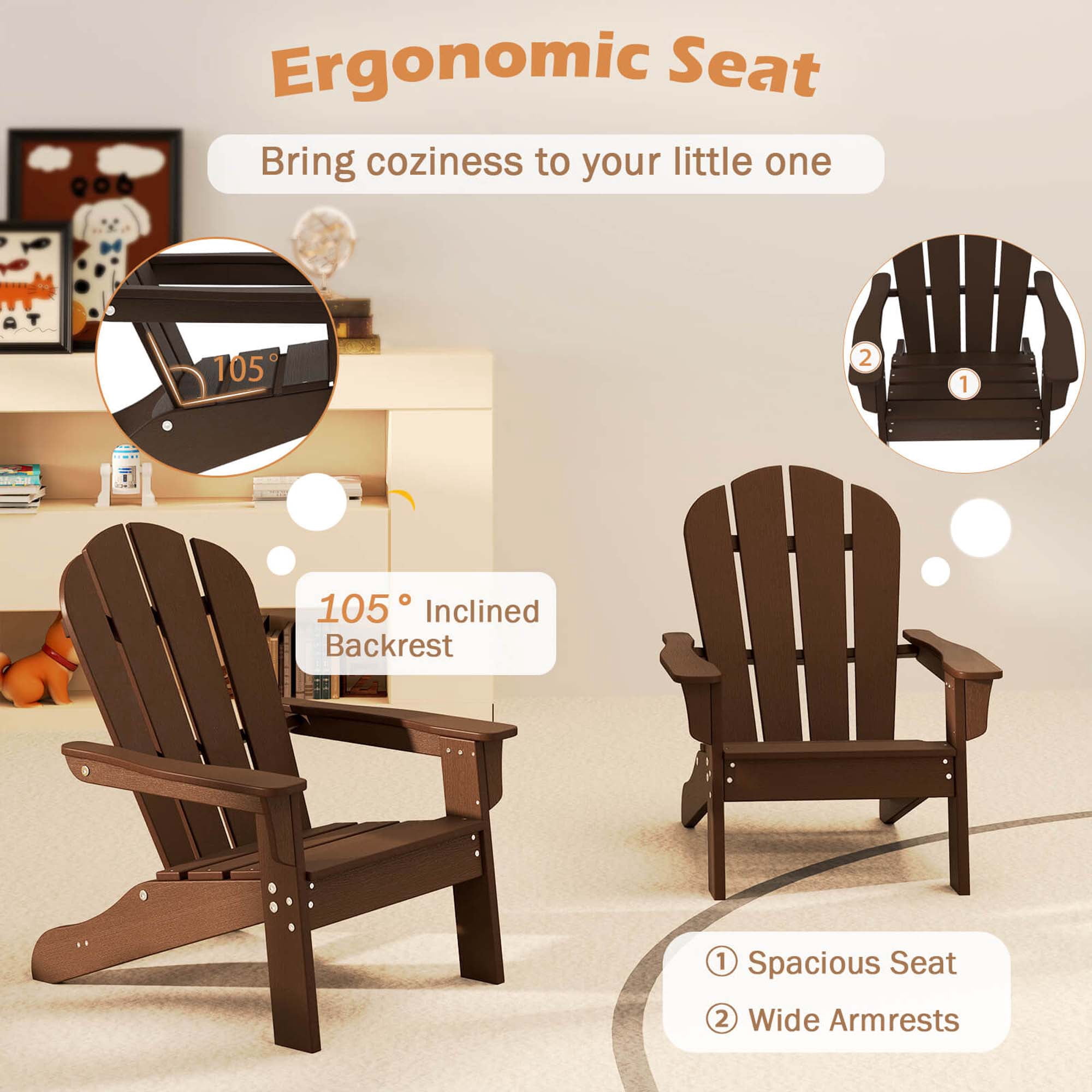Costway Kids Adirondack Chair with High Backrest Armrests Fire Pit Chair for Kids Ages 3-8 Brown