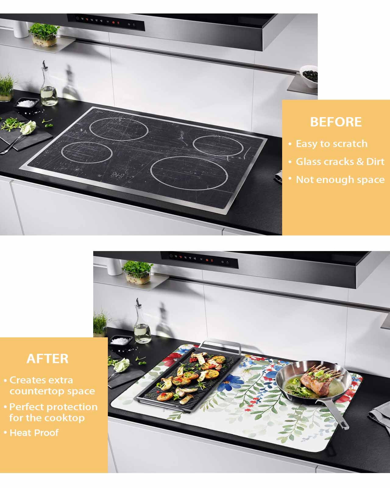 nqOlkjepod Large Induction Cooktop Protector Mat 24"x21", Red Blue Flowers 4th of July Stove Top Covers for Electric Stove, Independence Day Botanical Stove Burner Cover Mats, Glass Top Stove Cover