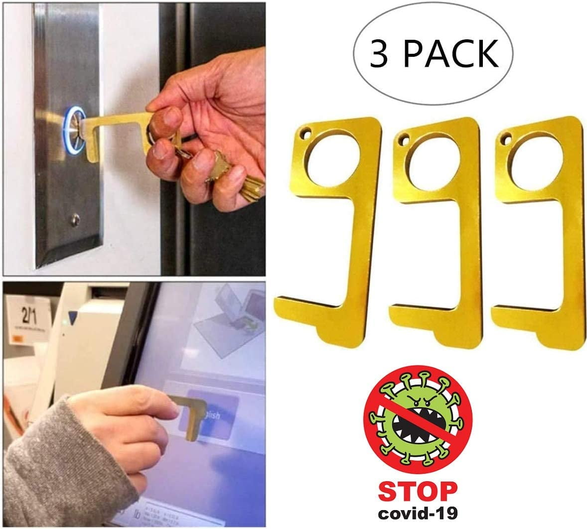 sakd 2pcs EDC Door Opener Stylus Closer Tool Door Handle Opening Loop Hook Hand Stick No Touch Keep Hands Clean Multi-Purpose Protection 4pc/Silver 