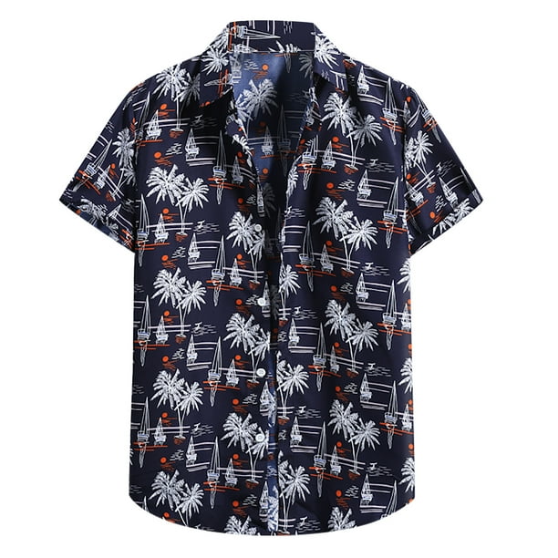 Blusa informal de manga corta con botones y estampado de playa para hombre Pompotops oipoqjl48571