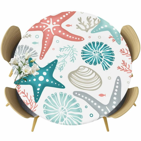 Red Teal Starfish Coastal Fitted Tablecloth with Elastic Edged, Round Table Cloth for Dining Table, Summer Beach Nautical Coral Sea Waterproof Oil Proof Table Cover for Indoor Outdoor 55"-60"