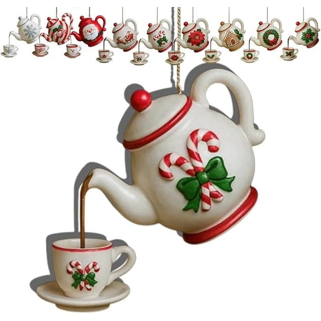 Vintage Christmas Teapot Ornament With Pouring Tea Effect Holly And Red Berries Design For Christmas Tree Decor
