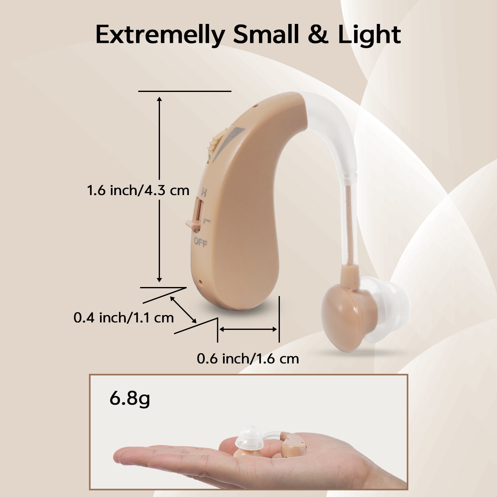 ELCTRTICI Hearing Aids for Seniors, VHP-1204 Behind-the-Ear Rechargeable Hearing Aid with Noise Cancellation, Designed for Hearing Loss, Single, Beige