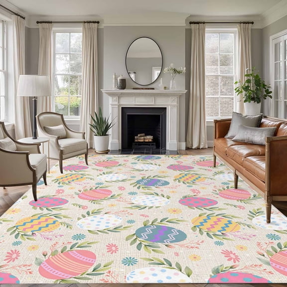 Large Area Rugs for Living Room Bedroom, Easter Bunny 6'x9' Rug Washable Carpet Runner Indoor Outdoor, Colorful Eggs Spring Leaves Daisy Flowers Non Slip Floor Mats Rug for Kitchen, Playroom
