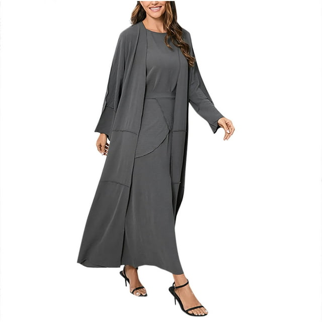 Abaya Musulmane pour Femmes, Ensemble Trois Pièces, Robe de Prière Islamique, Cardigan Maxi Ouvert, Chemise à Manches Courtes et Jupe