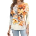 thumbnail image 4 of Womens Crew Neck 3/4 Length Sleeve Tees Fall Leaf Graphic Print Loose Fit Casual Shirts Curved Hem Lightweight Dressy Tunic Tops ,3XL,Orange, 4 of 5