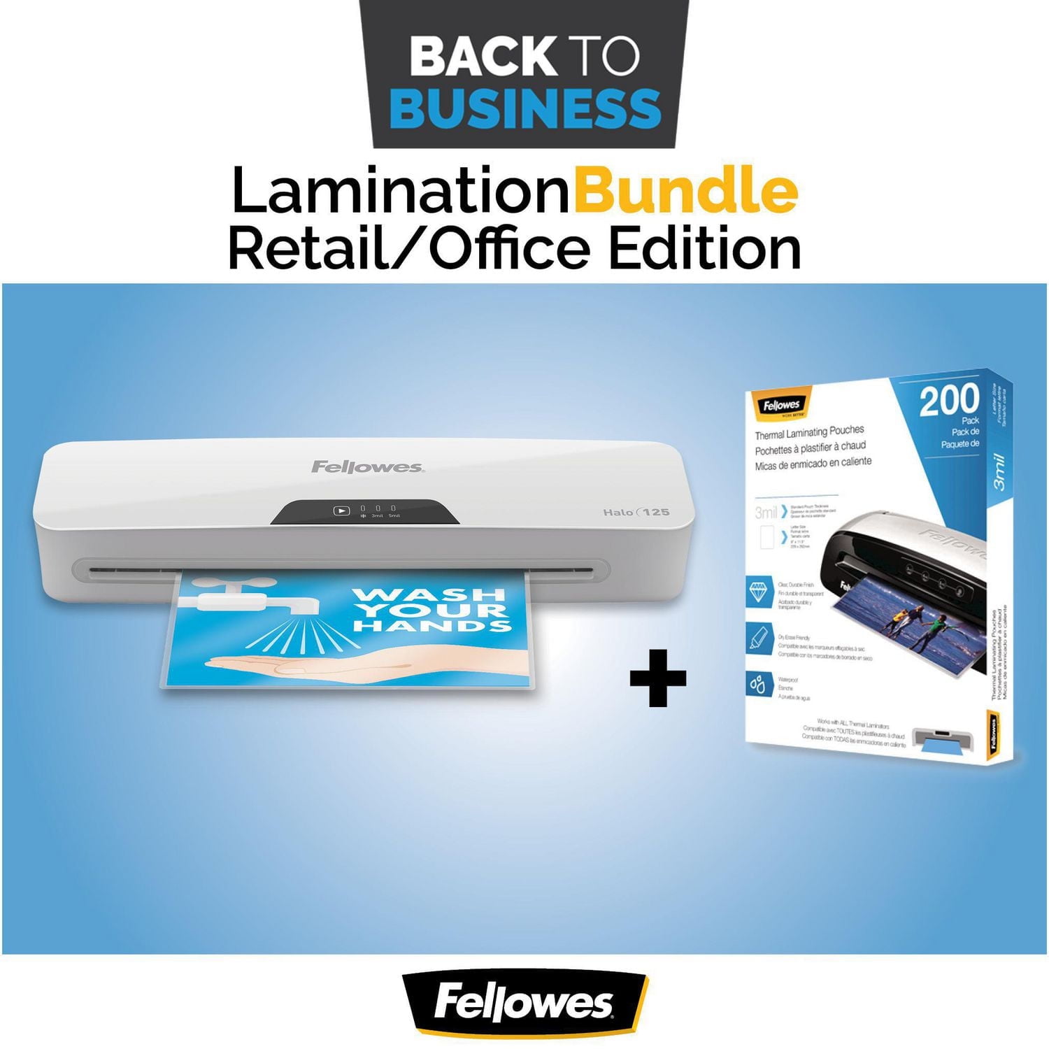 Fellowes® Halo™ 125 - Plastifieuse avec pochettes de plastification thermiques - Lettre, 3 mils, 200 paquet