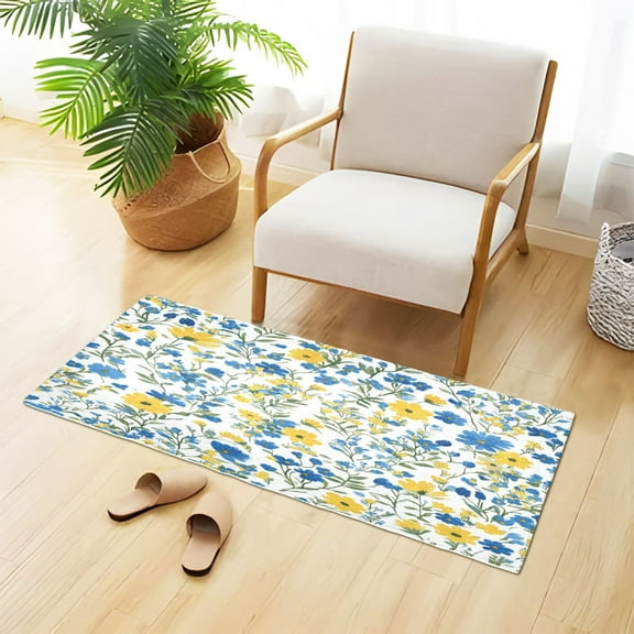 Blue and Yellow Florals Watercolor Plush Carpet Non Slip Runner Rug Absorbent Bath Mat 39" x 20"
