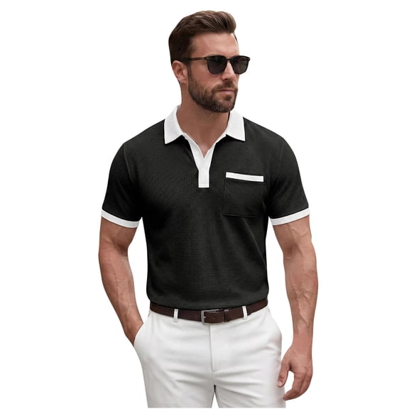 LTTVQM Polo Shirts for Men Casual Short Sleeve Button Golf Slim Fit Shirt with Pocket & Collar 2026 Spring Summer Stylish Tops Black L