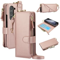 Crossbody Wallet Case for Samsung Galaxy Z Fold 5 RFID Blocking Card Slots, PU Leather Wristband Strap Zipper Pocket Phone Case with Stand Secure Ring Buckle for Samsung Galaxy Z Fold 5, Rosegold