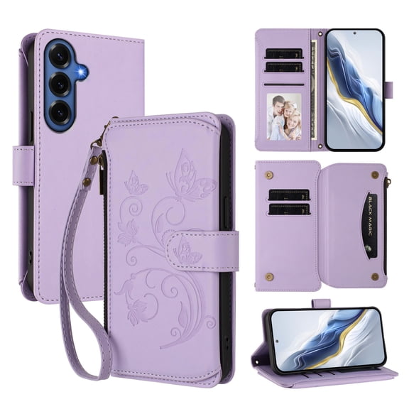 Decase for Samsung Galaxy S26  Crossbody Zipper Wallet Phone Case,Floral Embossed Pattern PU Leather Flip Phone Shell,Shockproof Hybrid Card Slots Stand Cover,Purple