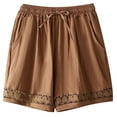 thumbnail image 3 of Shorts for Women Summer Cotton Linen Elastic Waist Lace Hollow out Hem Wide Leg Vintage Boho Casual Shorts with Pockets, 3 of 5