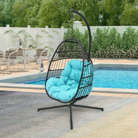 Abble Wicker Hanging Chair Cushion and Stand - Aqua/Black