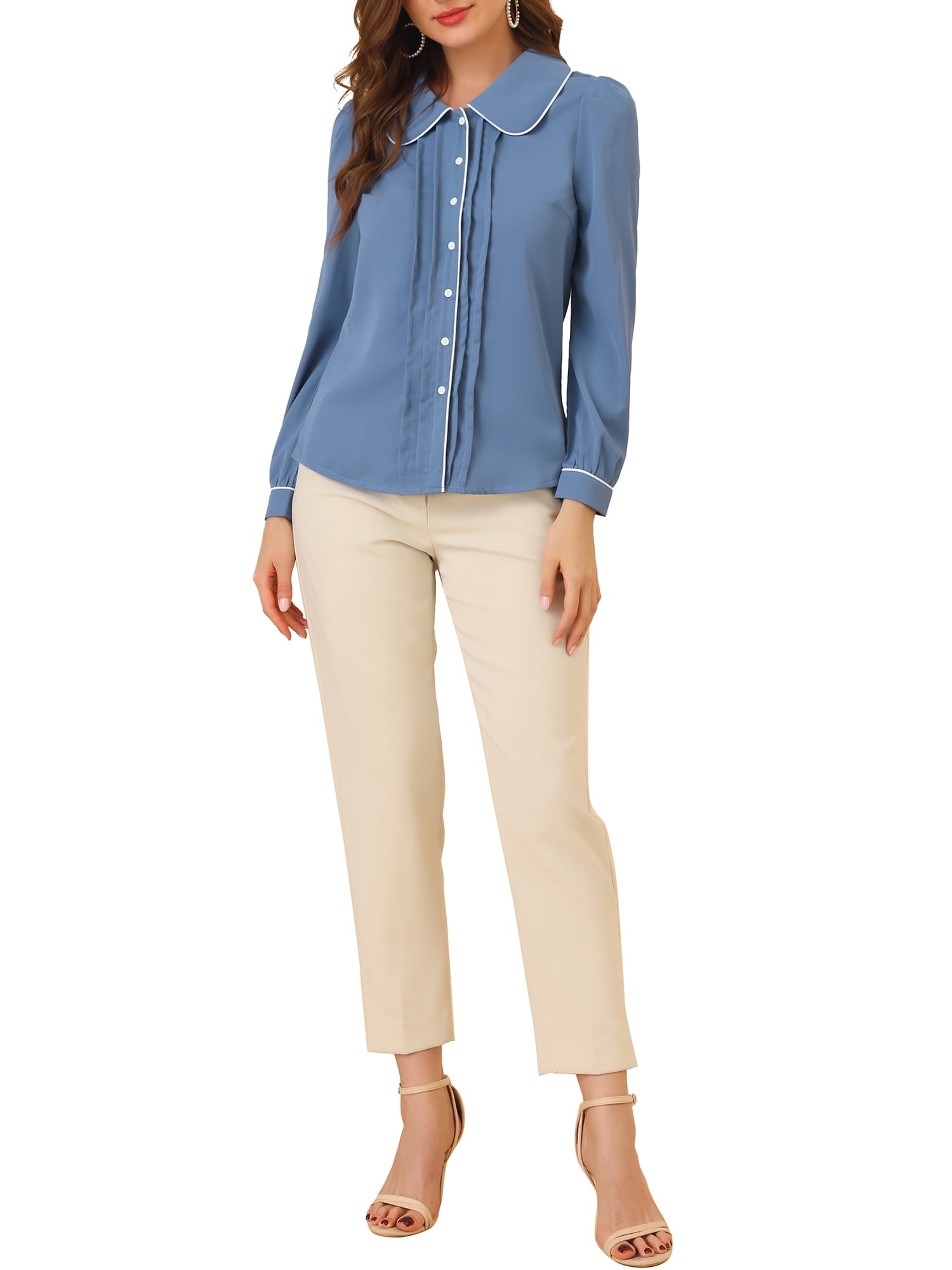 DARING DIVA Women's Peter Pan Collar Puff Sleeve Work Blouse XL Grey Blue