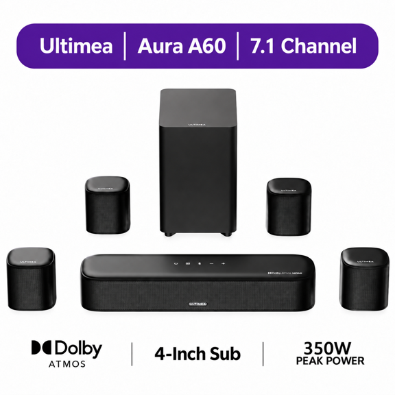 ULTIMEA 7.1ch Sound Bar with Dolby Atmos, Surround Sound System for TV with 4 Surround Speakers, Sound Bar for Smart TV with App Control, Soundbar with Subwoofer for Home Theater, HDMI eARC, Aura A60