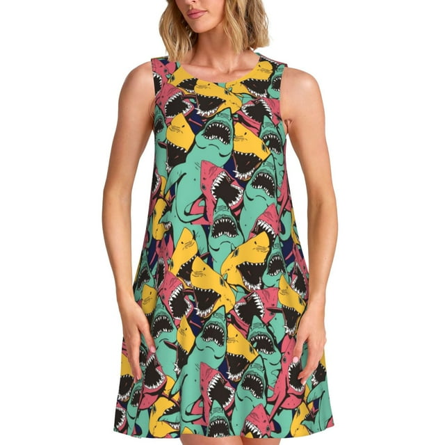 Daiia Motif Requin en Colère Imprimé Robes pour Femmes 2025 Tendance Manches Courtes Robes Décontractées Amples Fluides Maxi Robes de Soleil
