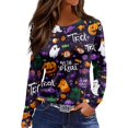 thumbnail image 2 of Yuaguia Women Halloween Trick Or Treat Print Long Sleeve T-Shirt, Spooky Side Split Crewneck Casual Autumn Fall Top for Daily Wear, Work, and Holiday Parties, Purple M, 2 of 6