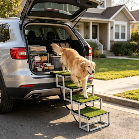 Portable Pet Dog Stairs for Cars SUVs Trucks Green Foldable Dog Steps for Large Dogs and Seniors Heavy Duty 250lbs Non-Slip Dog Ramp with Stable Design for Vehicle Travel