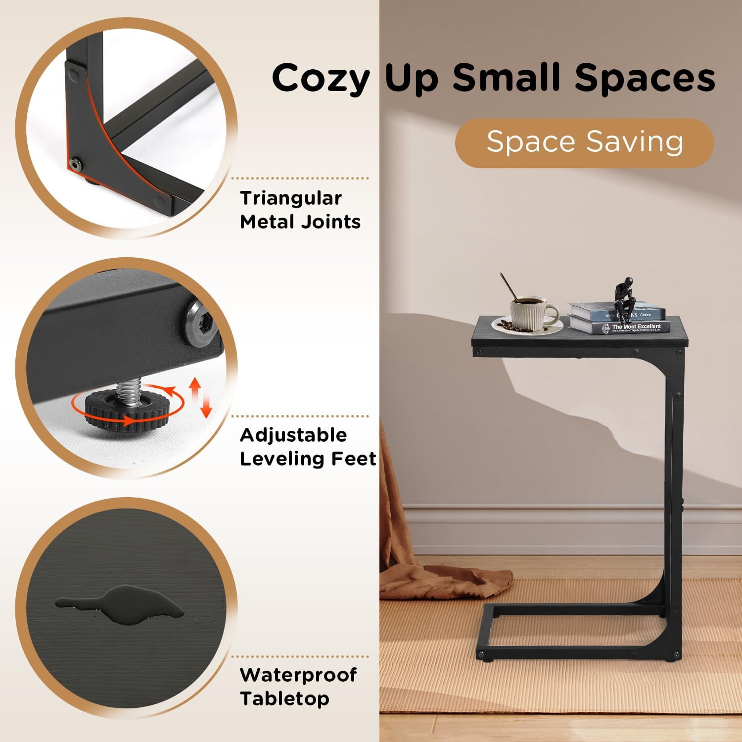 Dkelincs Set of 2 C Shaped Metal End Table with Adjustable Feet, Small Sofa Couch Side Table for Living Room Bedroom, Black