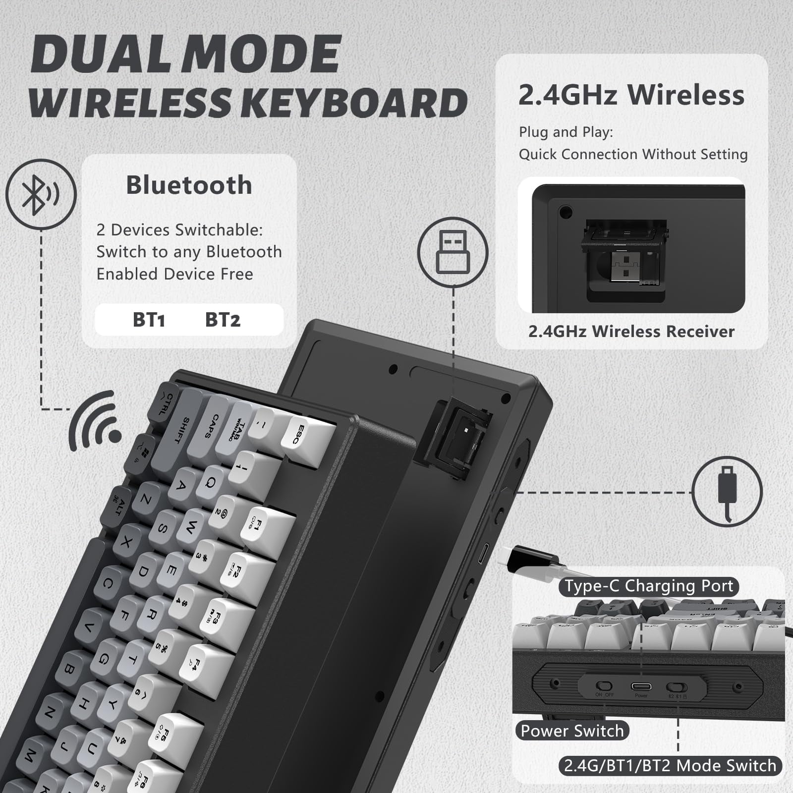 ATTACK SHARK M87 80% Wireless Gaming Keyboard,87 Keys TKL Mechanical Feeling SA PBT Keyboard, Bluetooth 5.0/2.4Ghz Dual Mode Pc Gaming Keyboards for Silent Office/Gaming(Moon night)