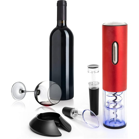 Moss & Stone Electric Wine Opener Set, Corkscrew Remover With USB Charging, Wine Bottle Opener with Wine Pourer, Foil Cutter & Vacuum Stopper, Automatic Wine Opener For Wine Lovers (Red)