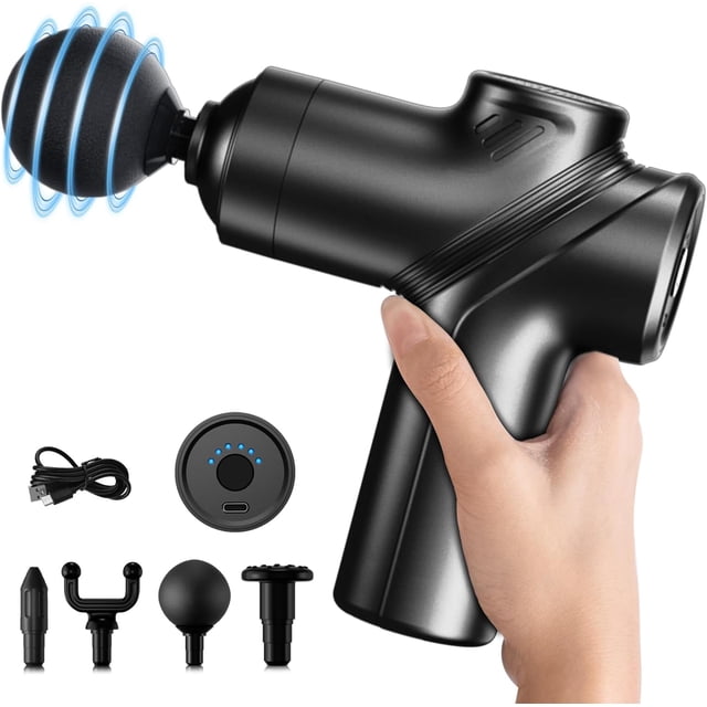 Pistola de masaje de tejido profundo, motor silencioso sin escobillas y pistola de masaje portátil con 4 cabezales intercambiables para alivio muscular profundo y relajación, regalo de