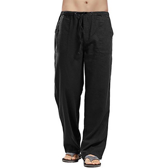 Migroa Men's Cotton Linen Pants Loose Fit Elastic Drawstring Waist Straight-Legs Summer Yoga Beach Long Pants with Pockets Relaxed Fit Beach Yoga Travel Lounge Pants Army Green L