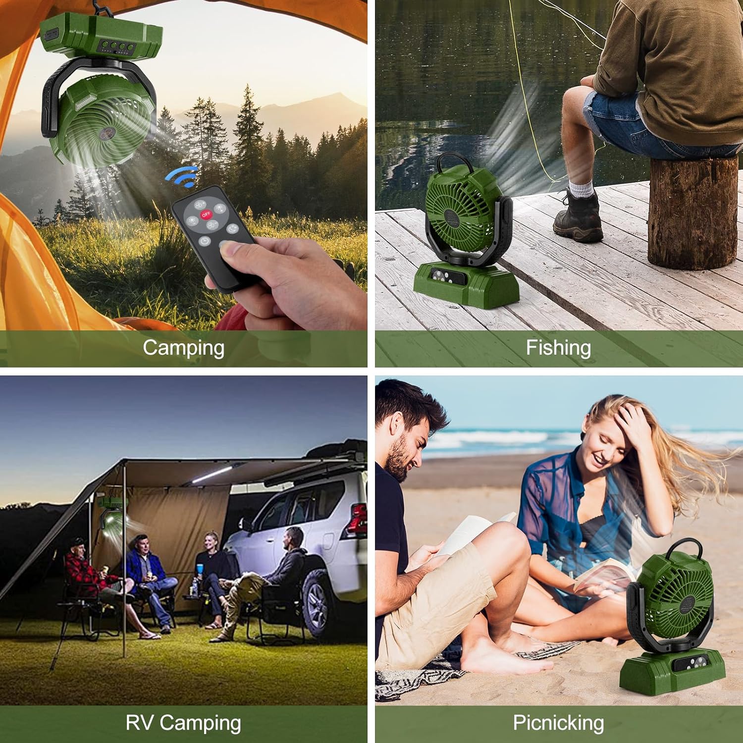 30000mAh Camping Fan with LED Lantern, Rechargeable Battery Operated Oscillating Fan with Remote & Hook, Portable Tent Fan with Timer, 4 Speeds for Outdoor Camp RV Jobsite Power Outage, Green