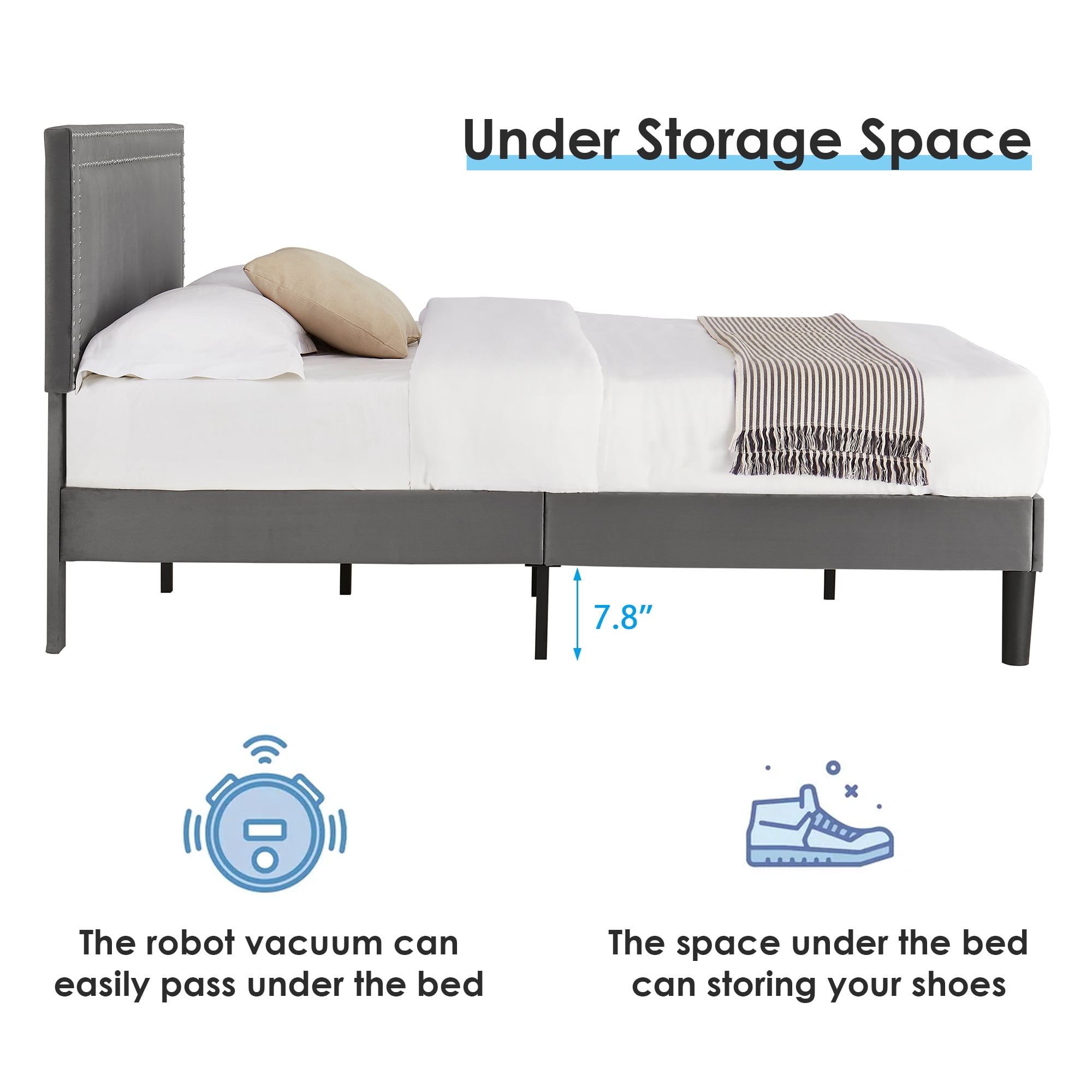 VECELO Full Size Platform Bed Frame with Adjustable Height Upholstered Headboard, Strong Wood Slat Support, No Box Spring Needed, Dark Gray