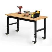 Tolead 48" Heavy-Duty Adjustable Workbench, Rubber Wood Shop Table, Metal Wheels, Workstation