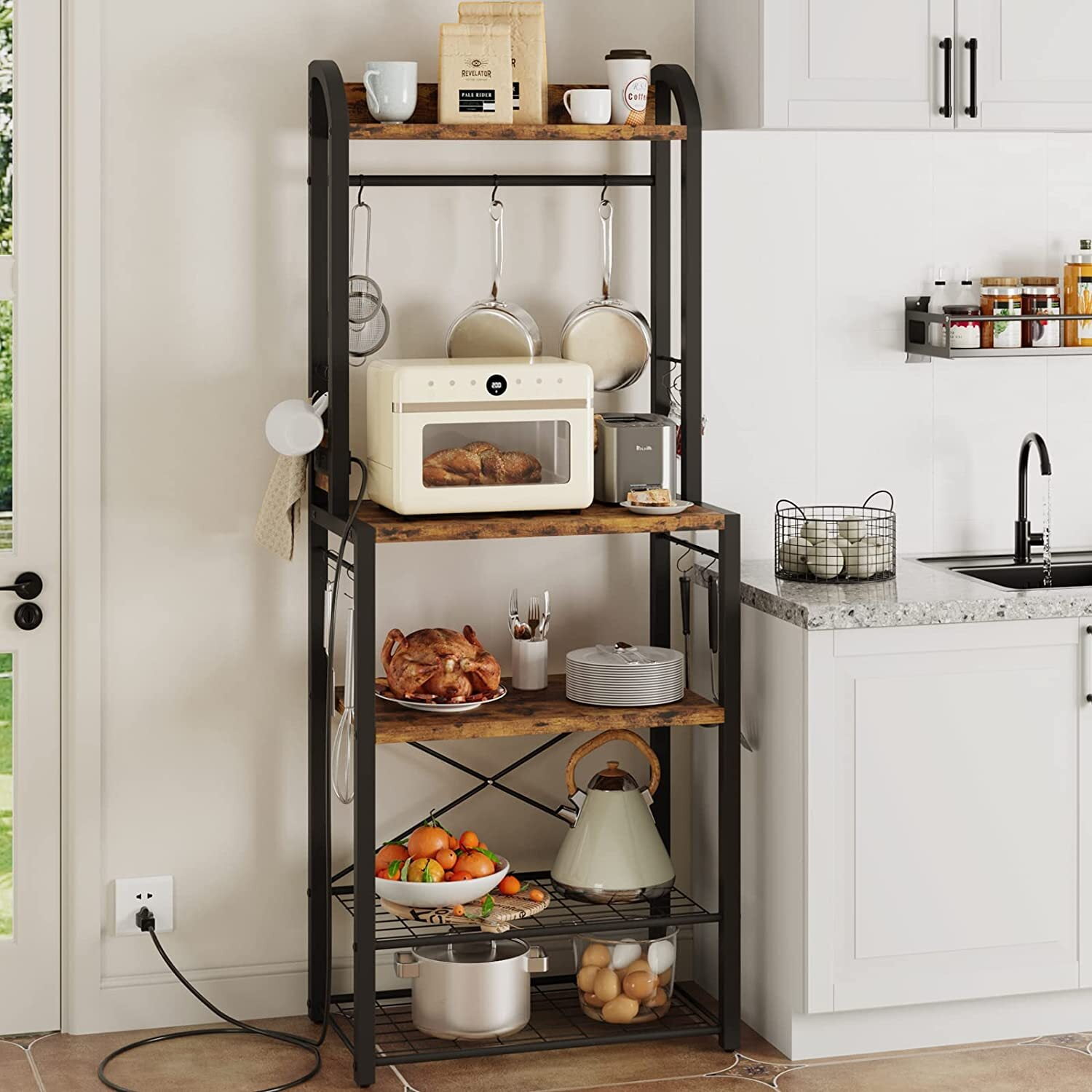 Yartaka 65" Wooden Kitchen Bakers Rack with Power Outlet and 5 Storage