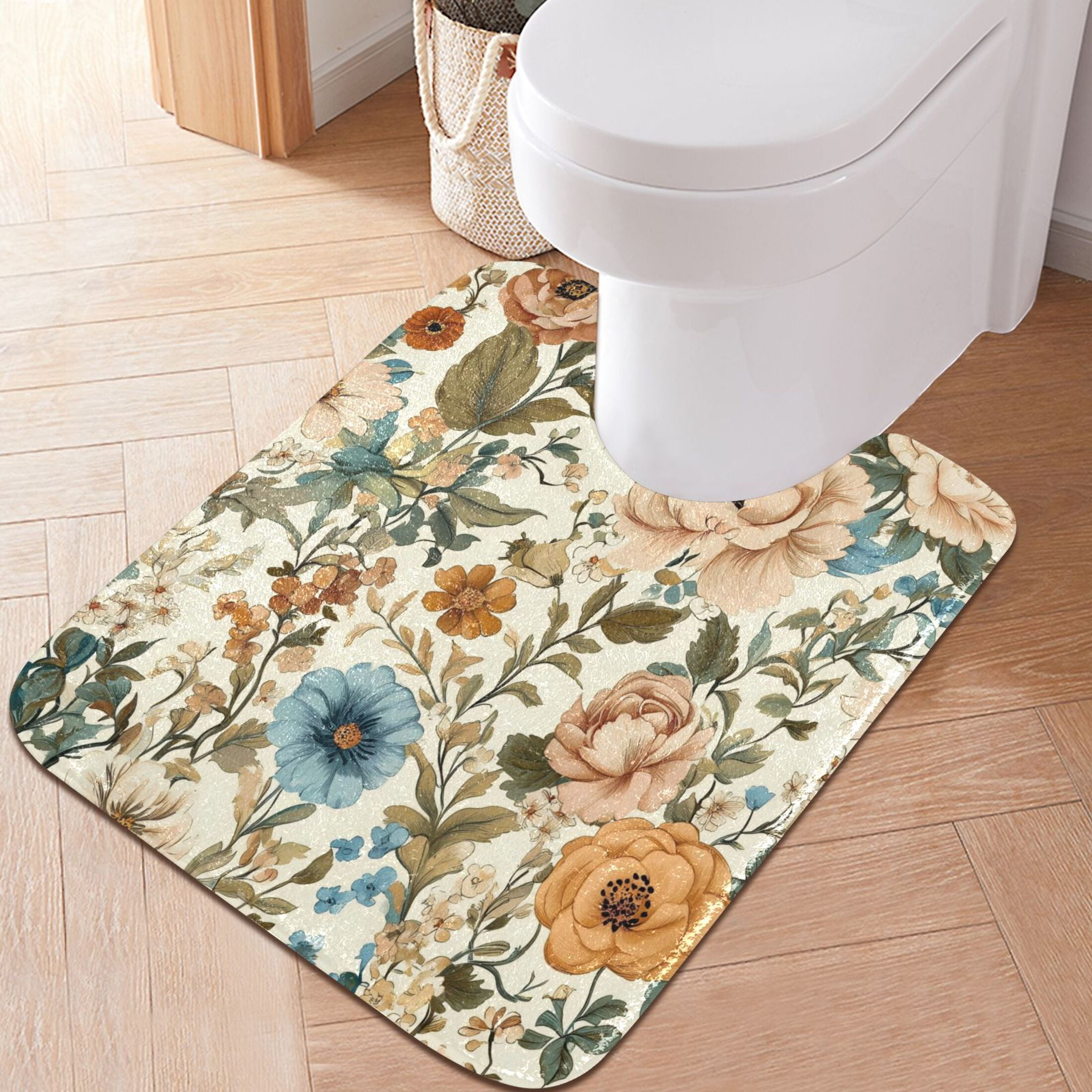 2 Piece Soft Bathroom Rug Set Beautiful Vintage Floral Bath Mat and U-Shaped Toilet Contour Rug (16"x24"+20"x24")