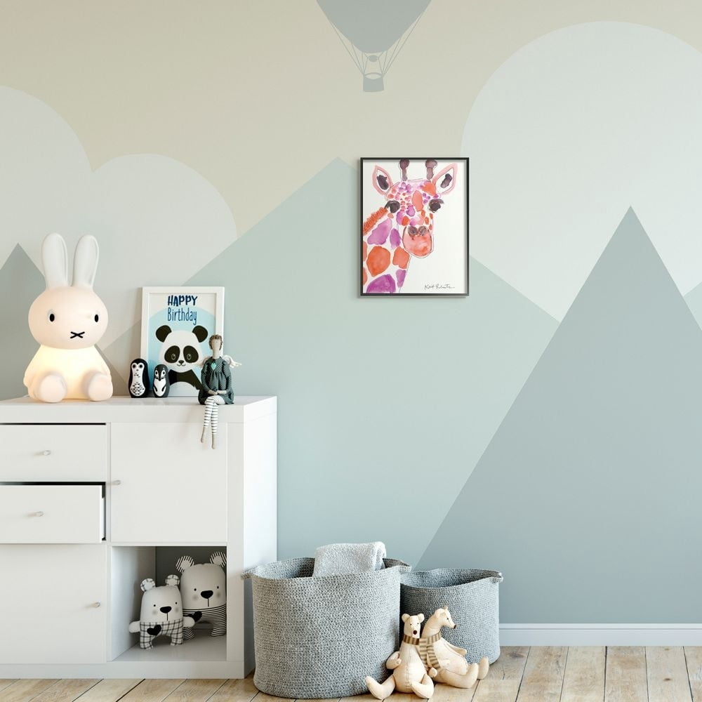 Stupell Industries Kid's Giraffe Zoo Animal Red Purple Watercolor Framed Wall Art Design by Kait Roberts, 16" x 20", Gray Framed