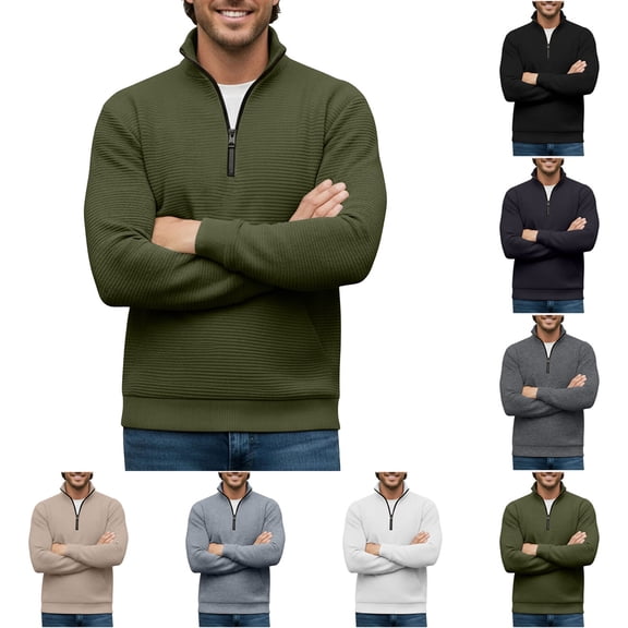 Hvyesh Mens Quarter Zip Sweatshirt Long Sleeve Casual Pullover Waffle Solid Color Sweatshirts with Pocket