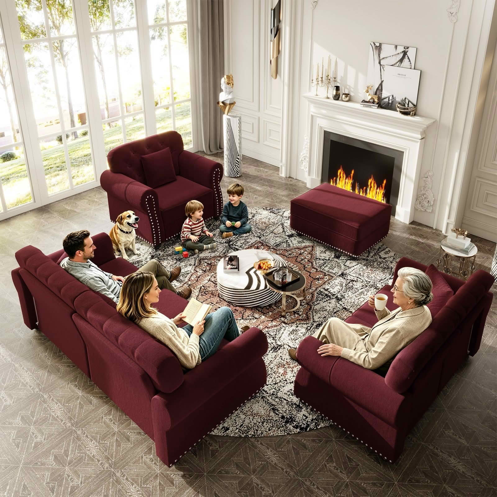 MAYEERTY Velvet Chesterfield Modular Sofa Set, Mid‑Century Modern Couch with Button Tufting, Nailhead Trim & Rolled Armrests, Comes with 1 Ottoman for Home Living Room
