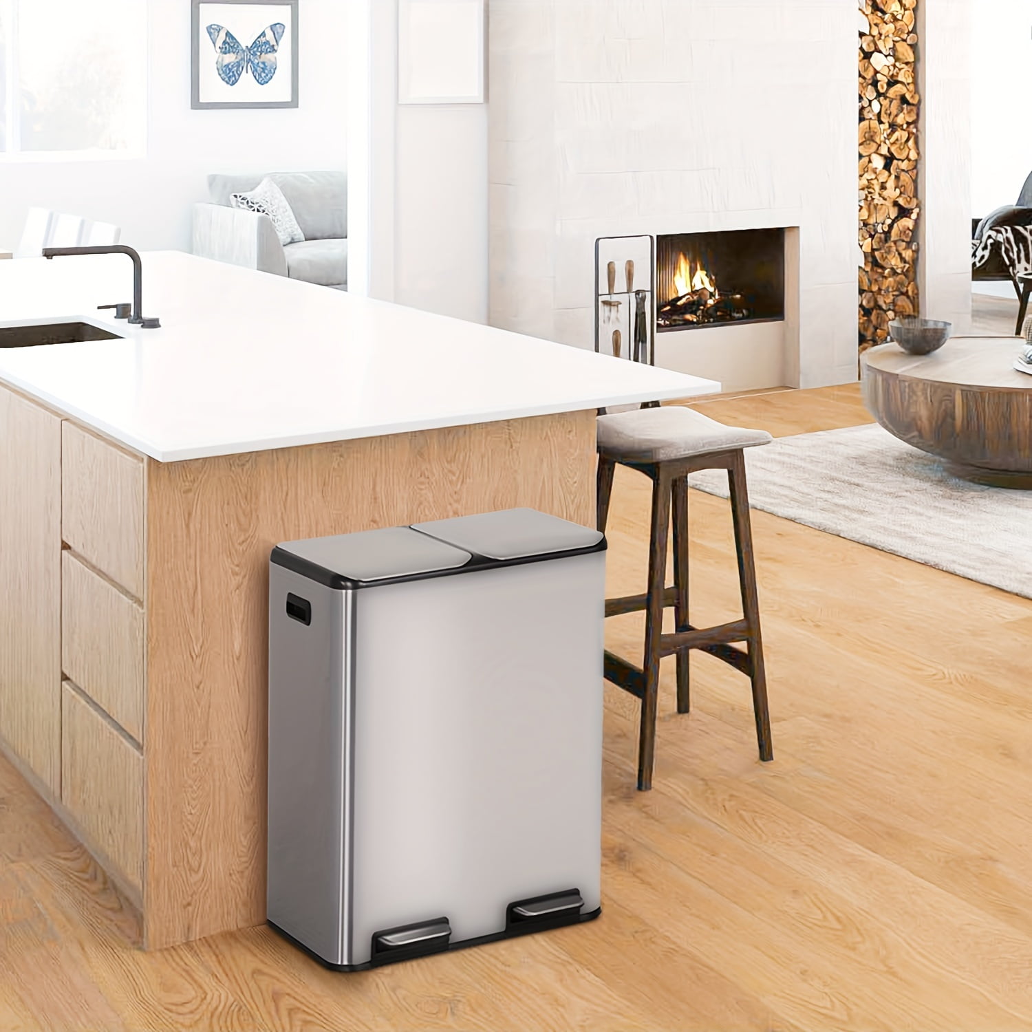 Kitchen Trash Can, 16 Gallon Garbage Can with Dual Inner Bins, Large Capacity 60 Liter Trash Can with Soft-Close Foot Pedal, Wide Stainless Steel Trash Bin, Rectangular Recycling Bin, Sliver